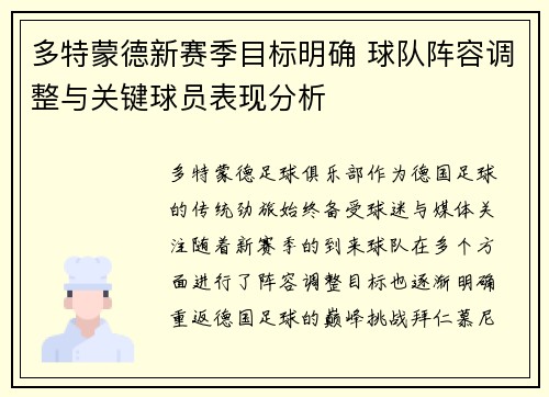 多特蒙德新赛季目标明确 球队阵容调整与关键球员表现分析